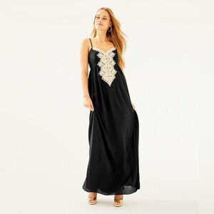 EUC Lilly Pulitzer Kelsea Silk Maxi Dress Onyx Black Embroidered Gold size 4